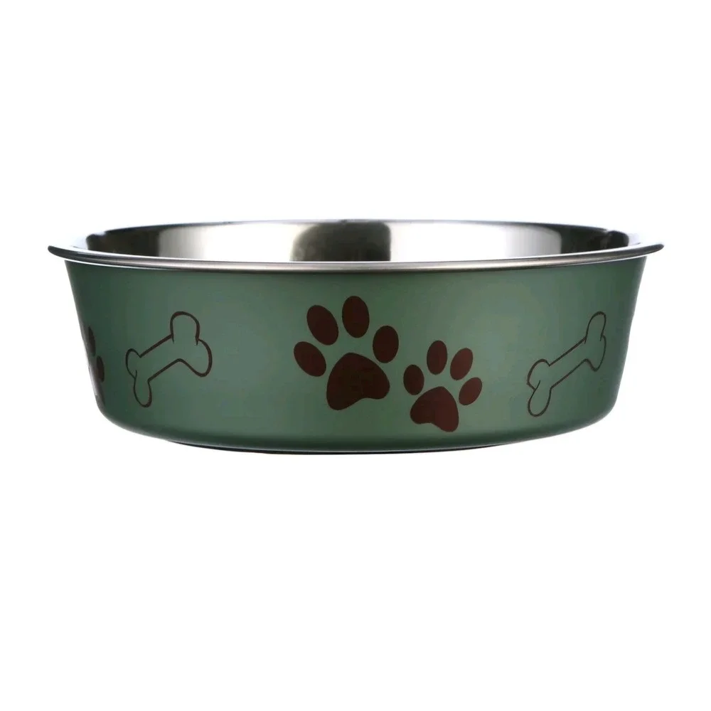 NEW Loving Pets Bella Bowl Murano Green Stainless Steel Dog Bowl Paw Bone Print